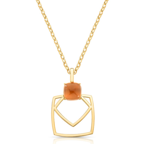 Geometric pendant necklace with a smooth brown stone and open golden frame