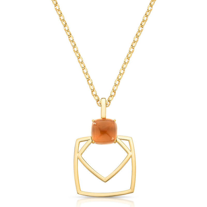 Geometric pendant necklace with a smooth brown stone and open golden frame