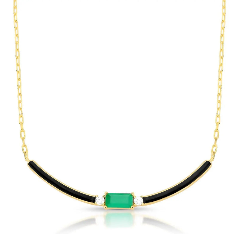 Gold-Plated Enamel Necklace with Green Crystal