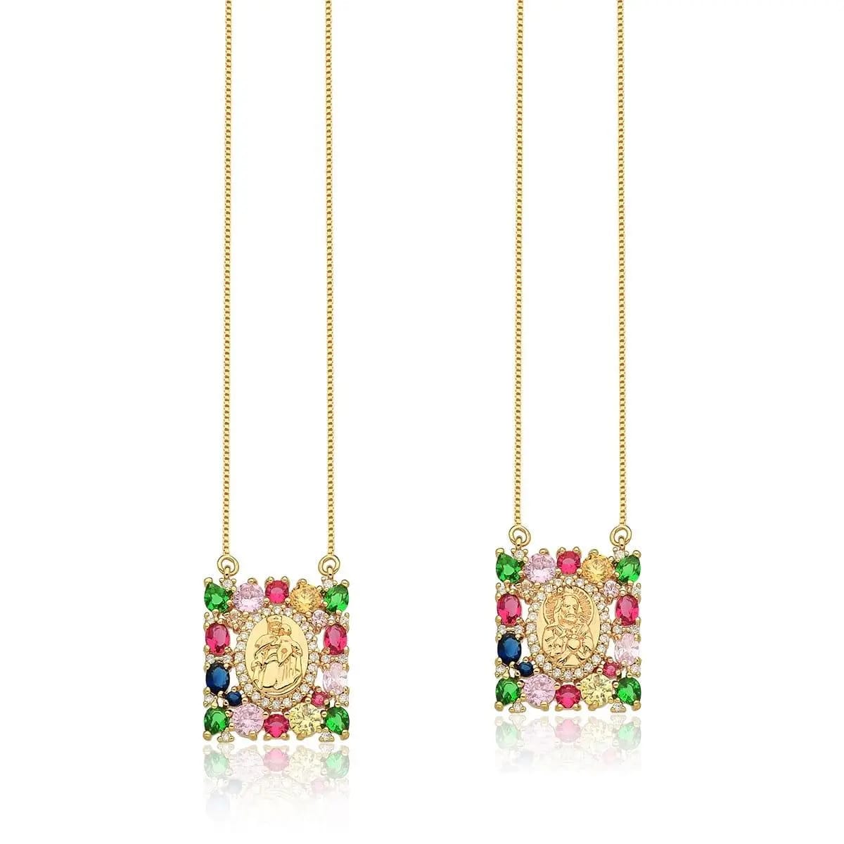 Gold-Plated Scapular Necklace with Colored Crystals