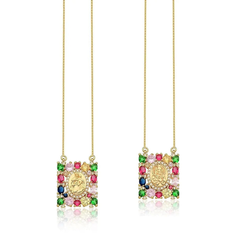 Gold-Plated Scapular Necklace with Colored Crystals