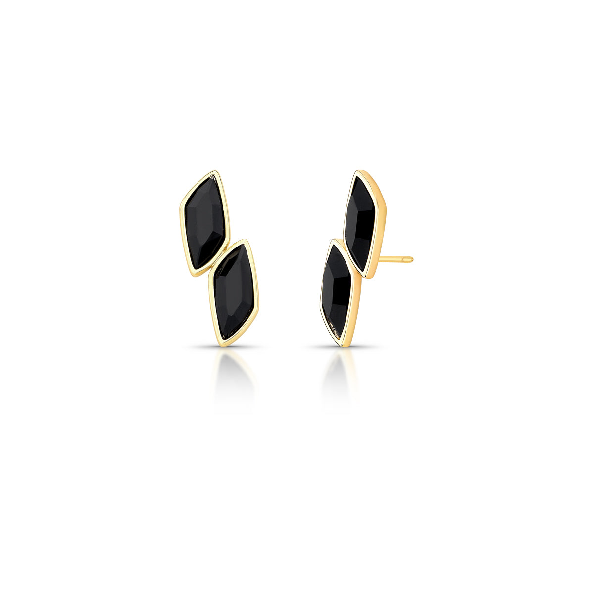 Gold earrings with black stones on a white background
