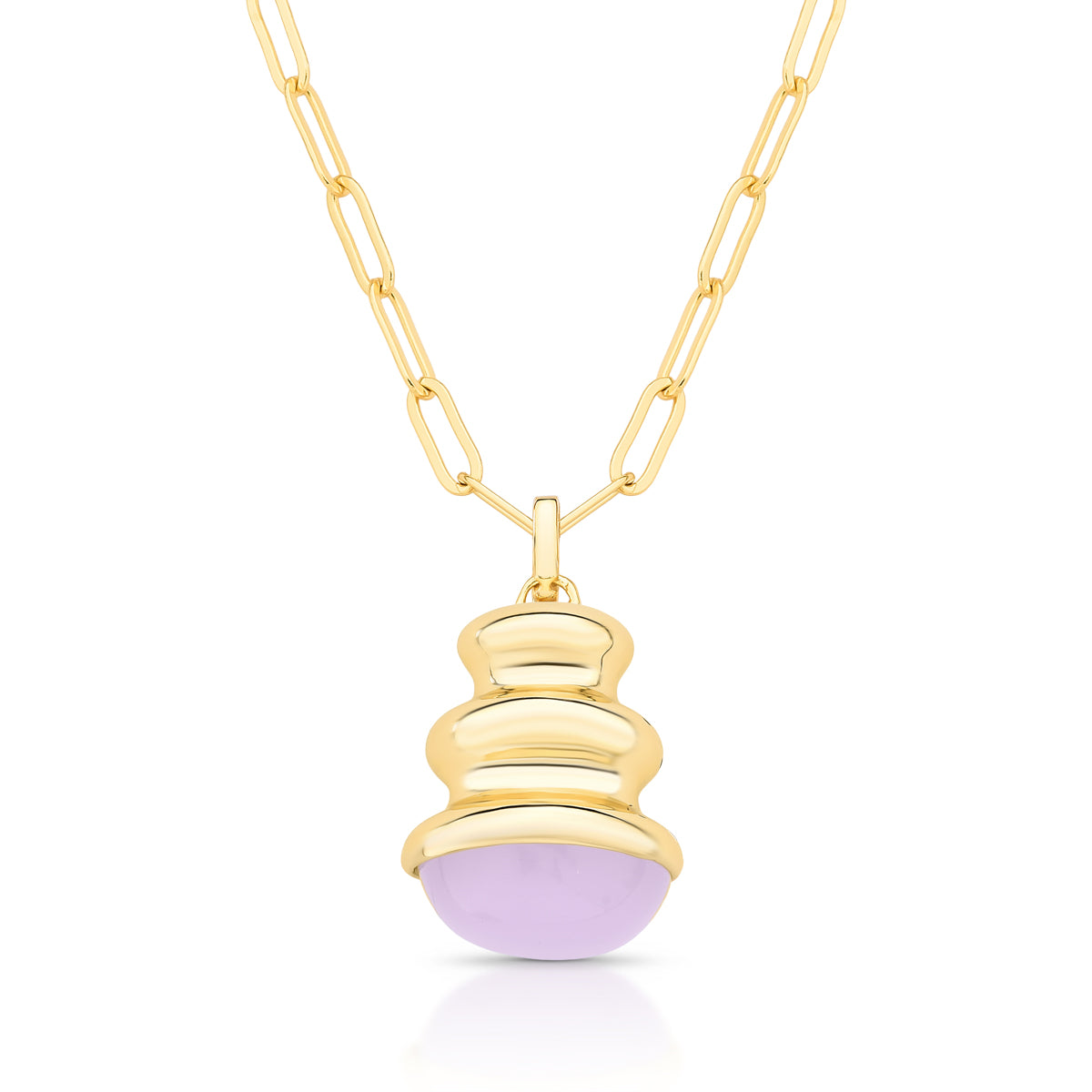 Gold necklace with a purple pendant on a white background