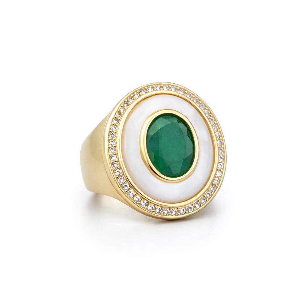 Mother-of-Pearl, Green Crystal & Zirconia Statement Ring