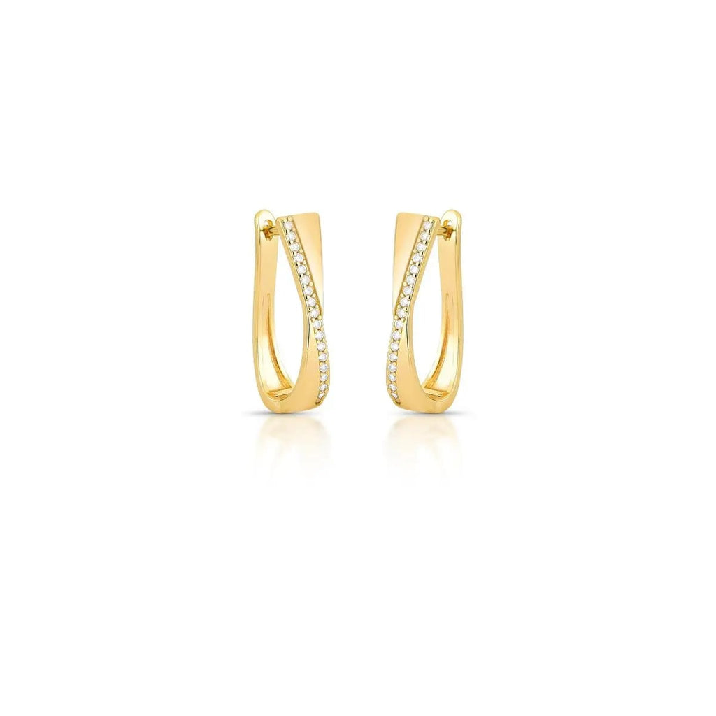 Gold hoop earrings with embedded zirconias on a white background