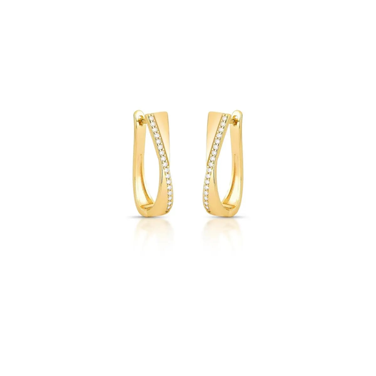 Gold hoop earrings with embedded zirconias on a white background
