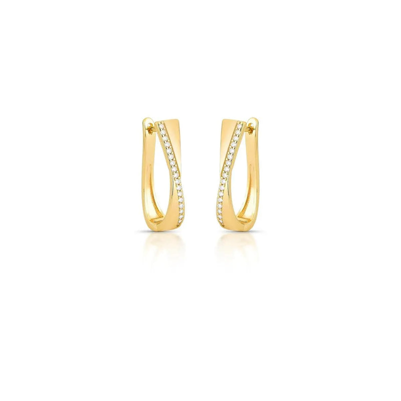 Gold hoop earrings with embedded zirconias on a white background