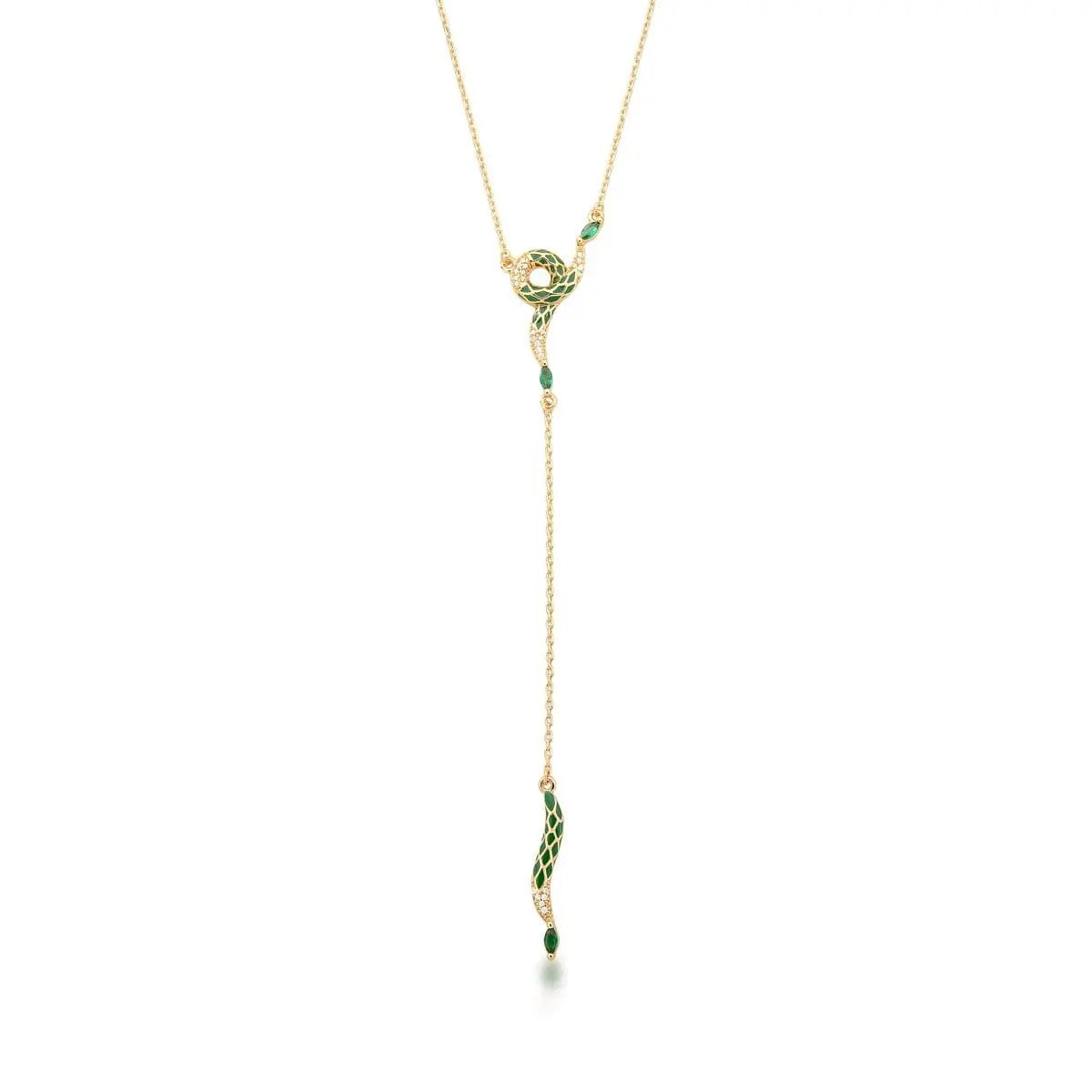 Gold necklace with green pendant on a white background