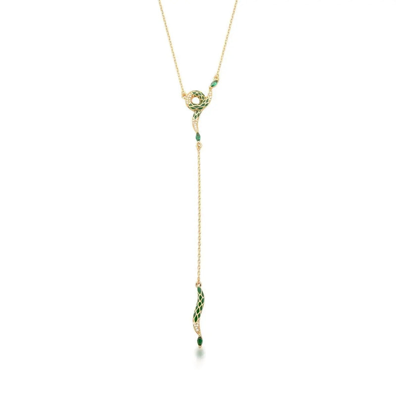 Gold necklace with green pendant on a white background