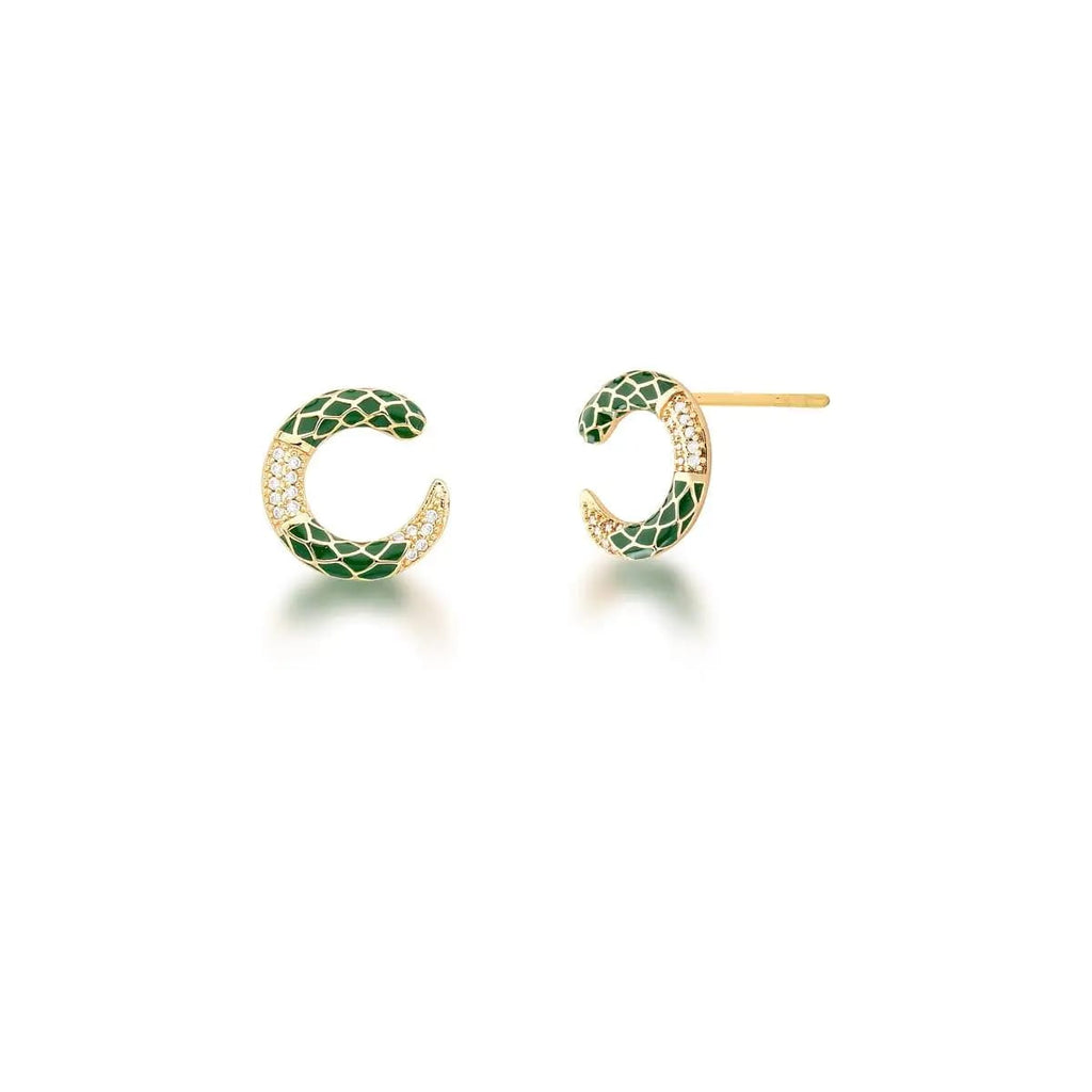 Green Enamel Curved Earrings with Zirconia 