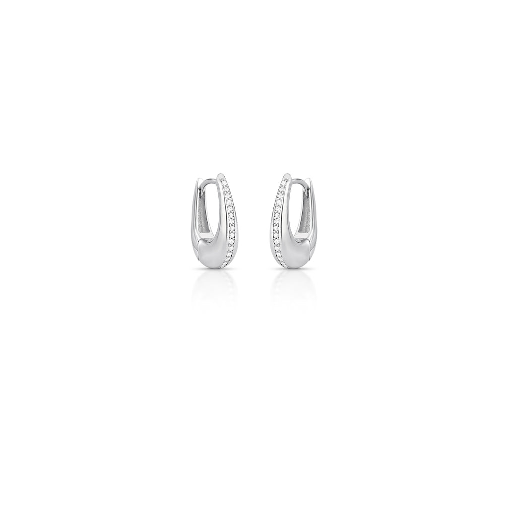 Rhodium-plated hollow hoop earrings featuring oval zirconia