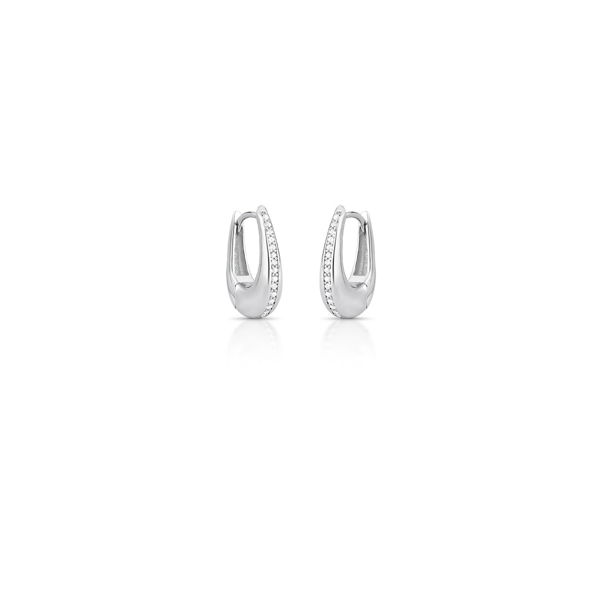 Hollow Hoop Earrings with Oval Zirconia – Rhodium Plated