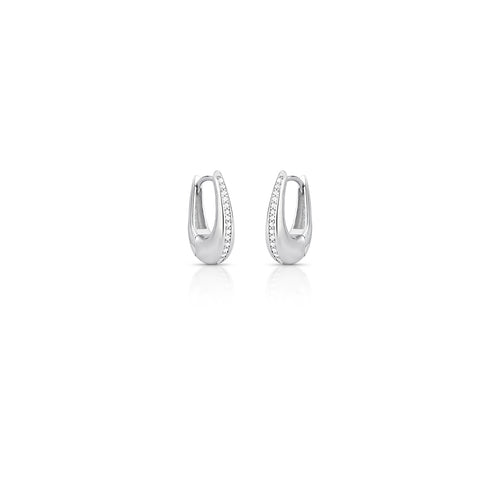 Rhodium-plated hollow hoop earrings featuring oval zirconia