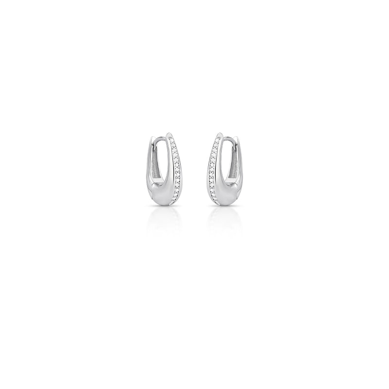Hollow Hoop Earrings with Oval Zirconia – Rhodium Plated