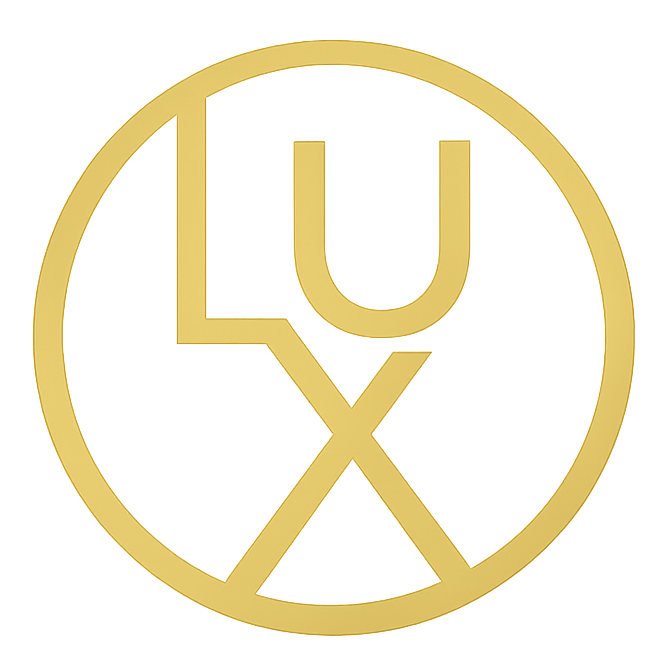 Gold 'LUX' logo on a white background