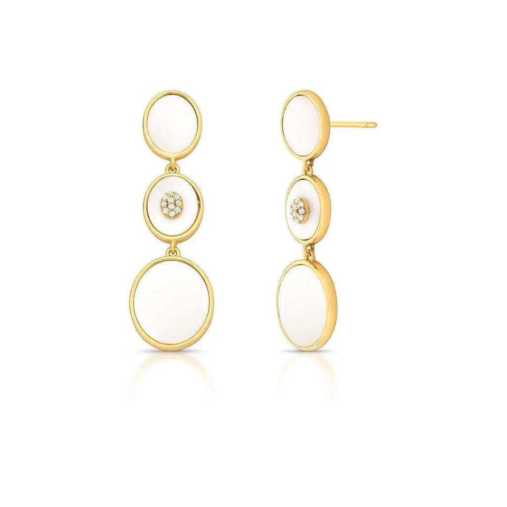 Gold  earrings with mother-of-pearl and zirconia on a white background