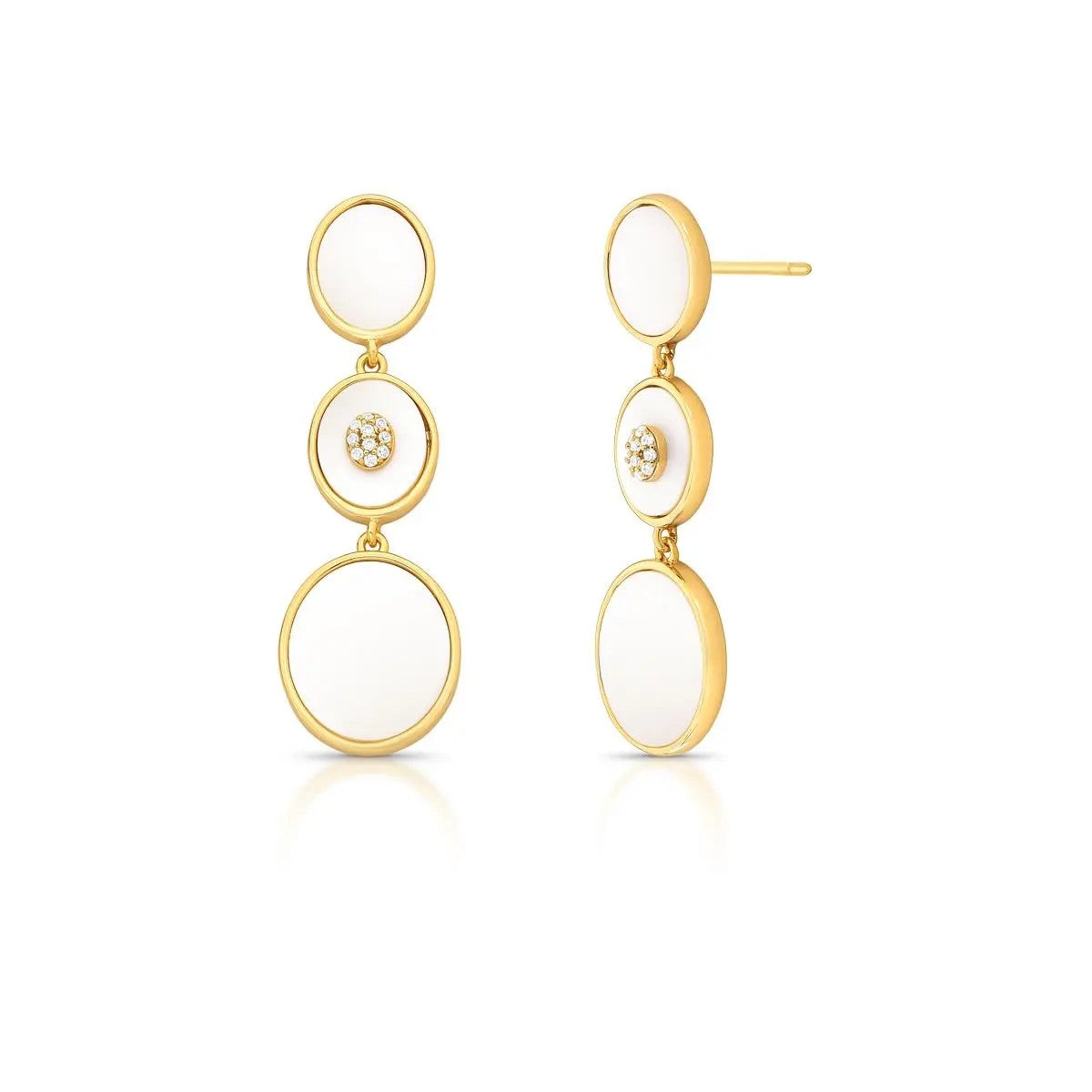 Gold  earrings with mother-of-pearl and zirconia on a white background
