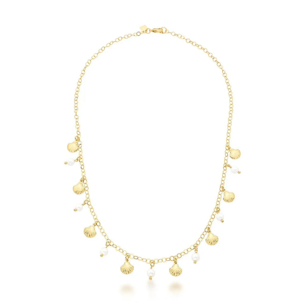 Gold necklace with shell and pearl charms on a white background