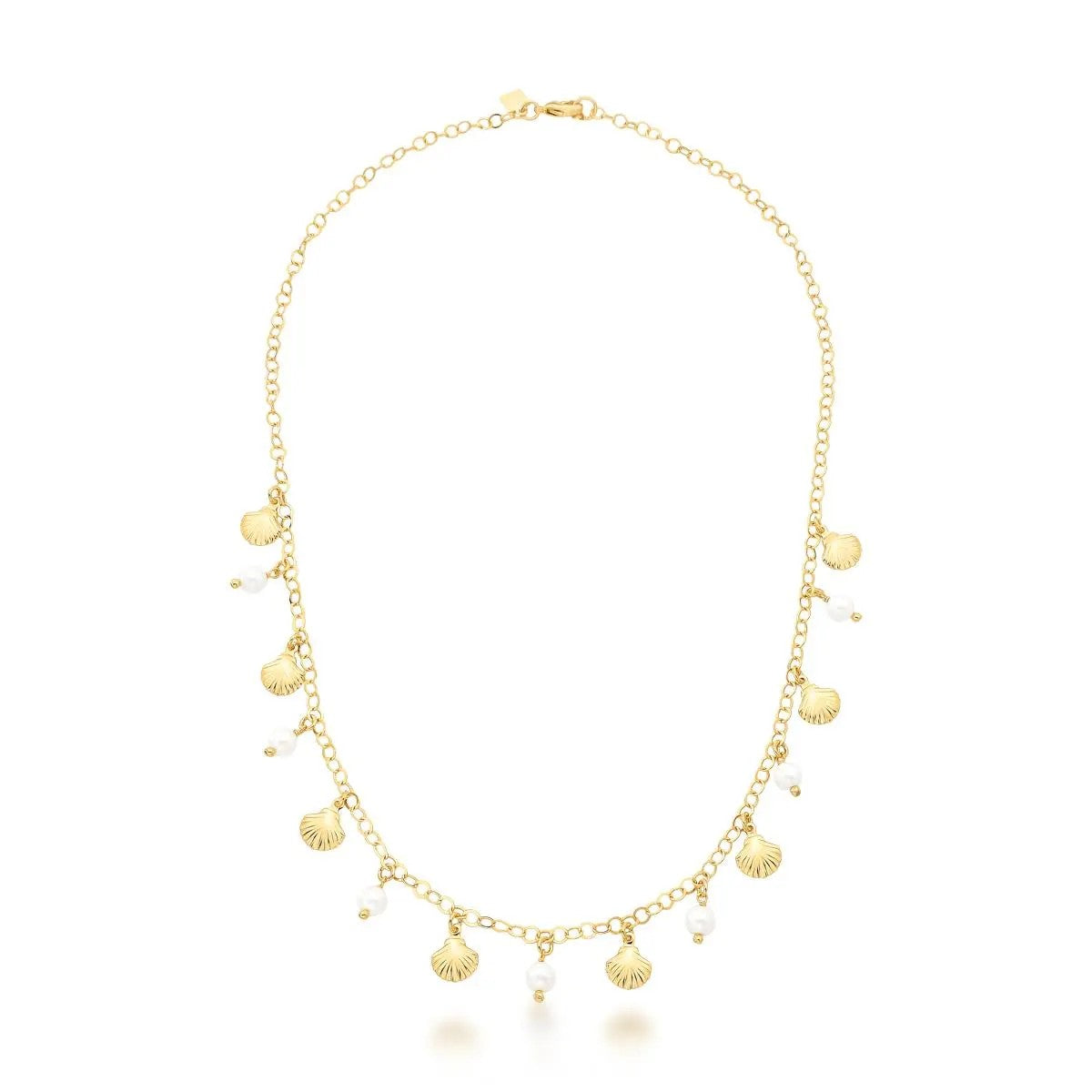 Gold necklace with shell and pearl charms on a white background