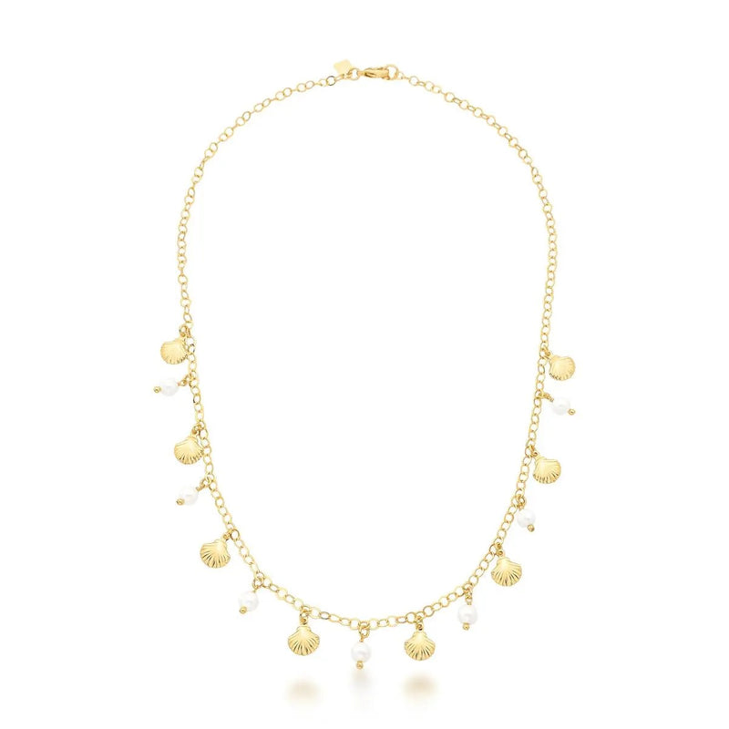 Gold necklace with shell and pearl charms on a white background