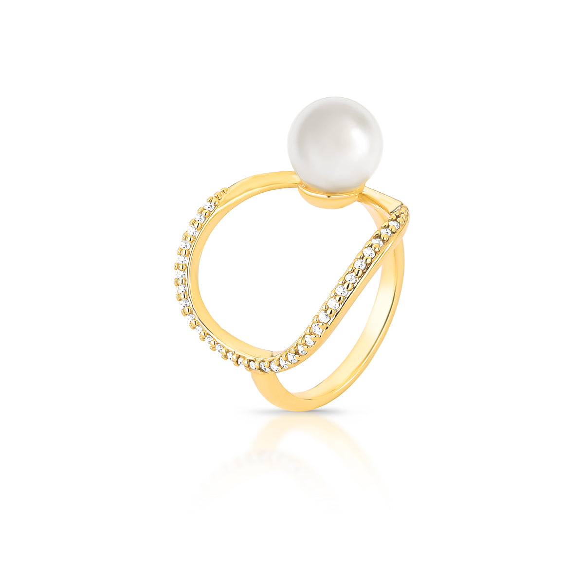 18K gold plated open ring with shell pearl and sparkling zirconia