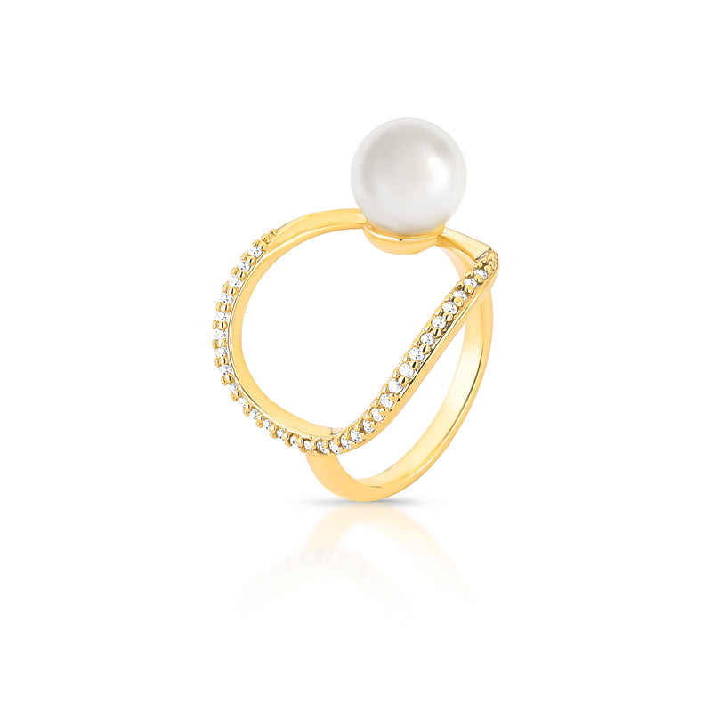 18K gold plated open ring with shell pearl and sparkling zirconia