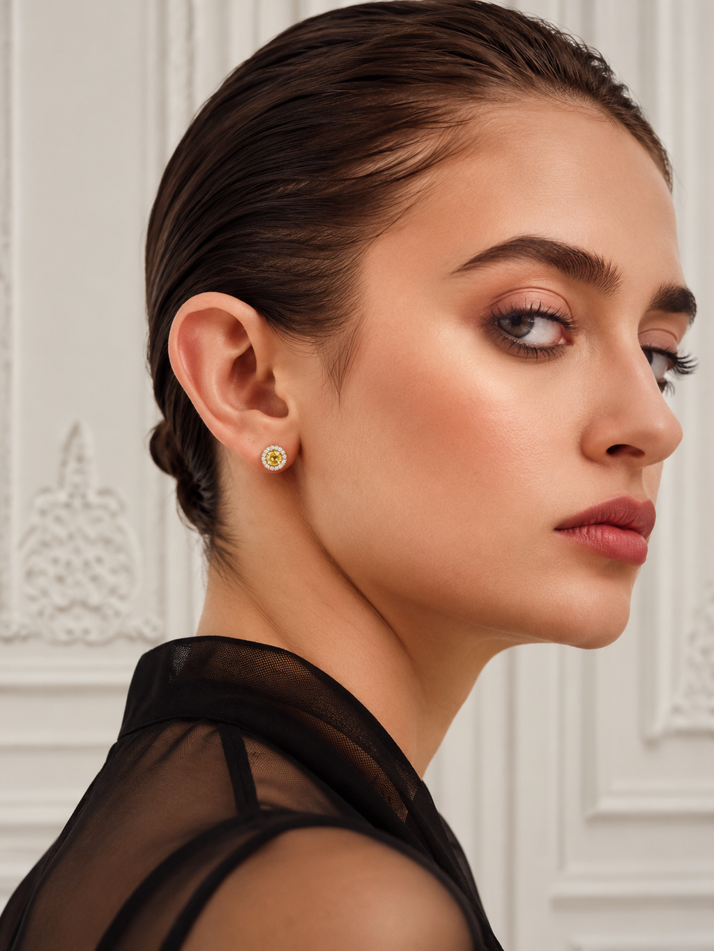 Close-up Yellow Crystal Halo Stud Earrings