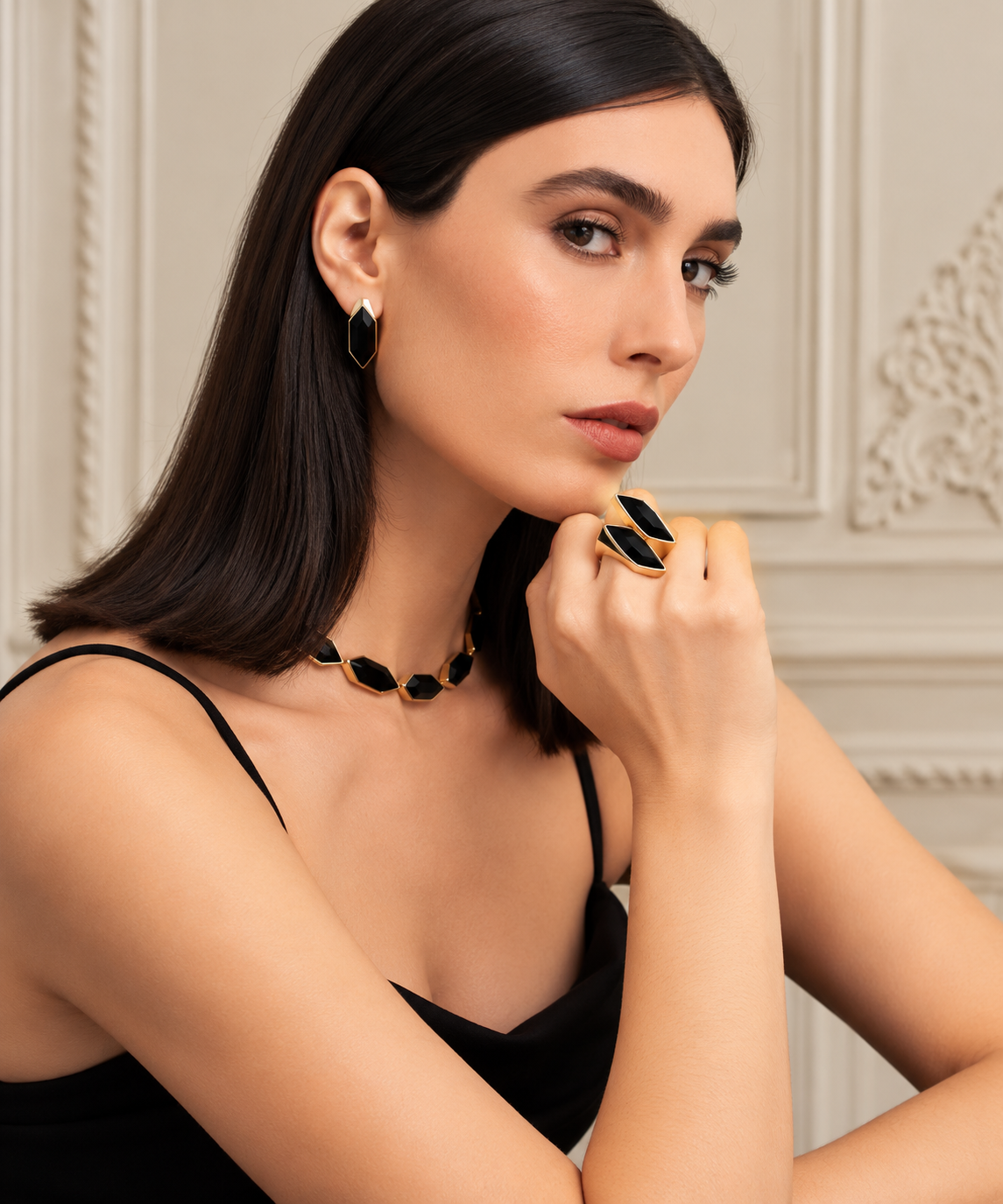 Black Navette Crystal Open Ring