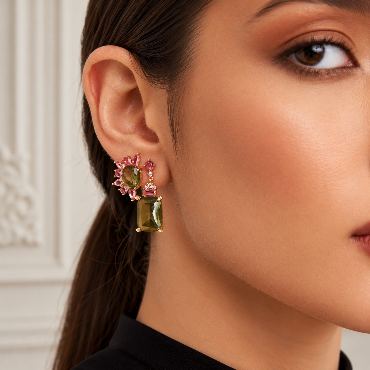 Green Crystal Pendulum Earrings