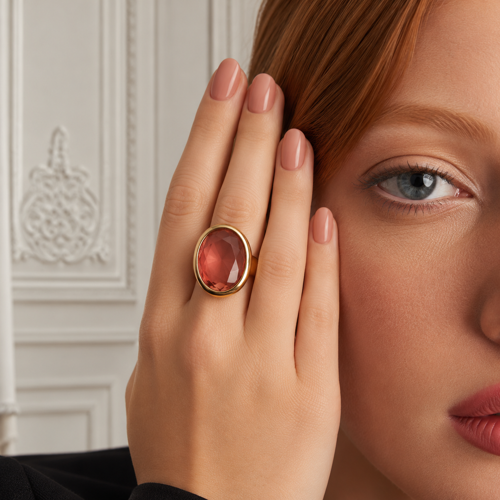 Bague ouverte ovale en cristal rose