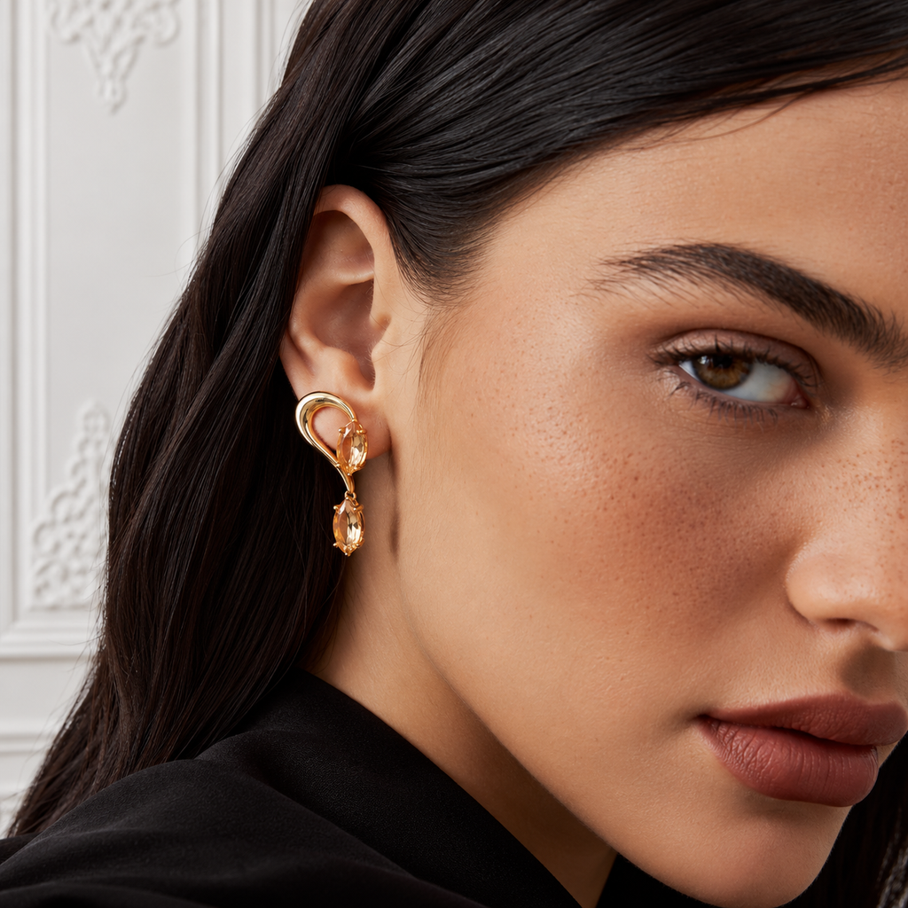 Curved Openwork Navette Crystal Drop Earrings