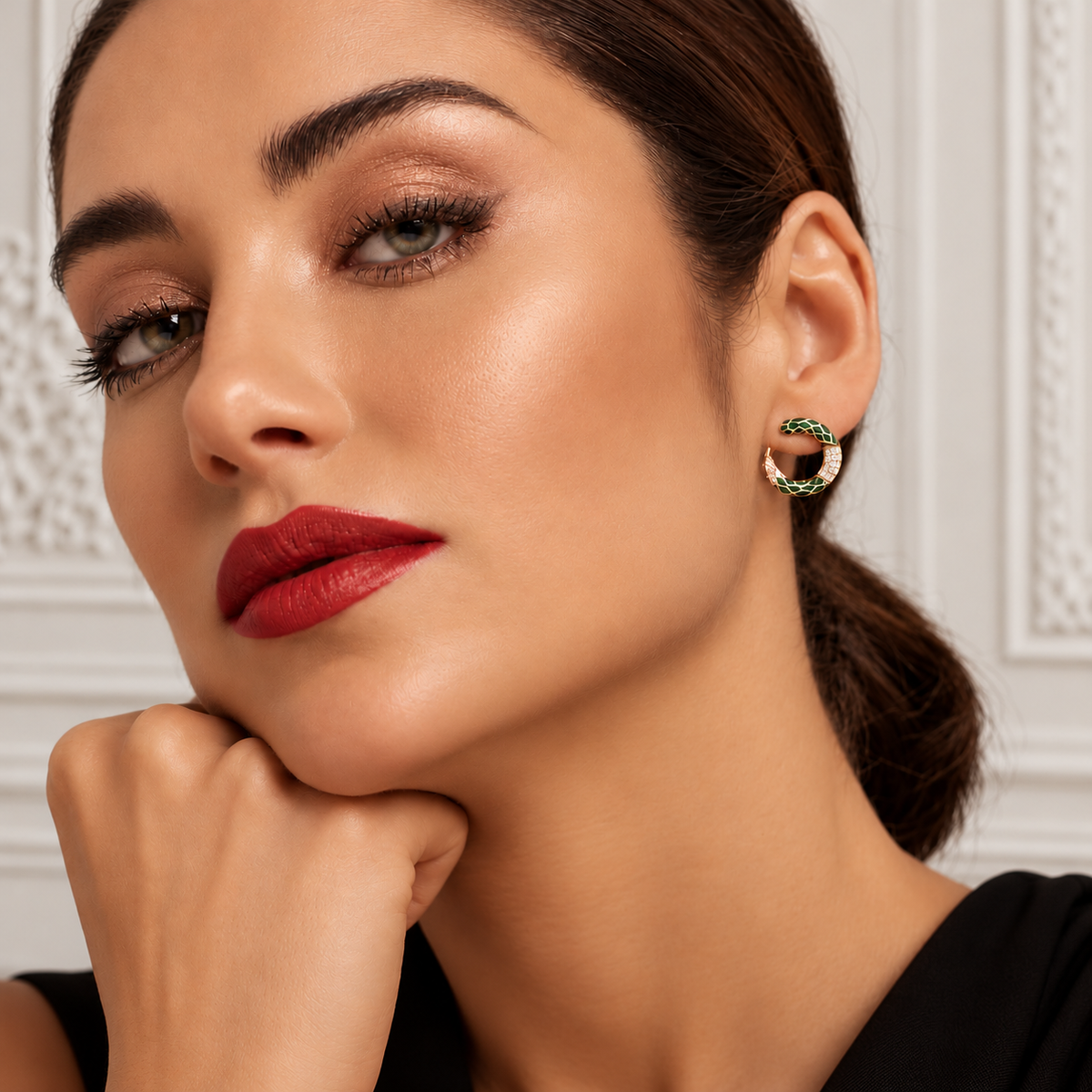 Green Enamel Curved Earrings with Zirconia