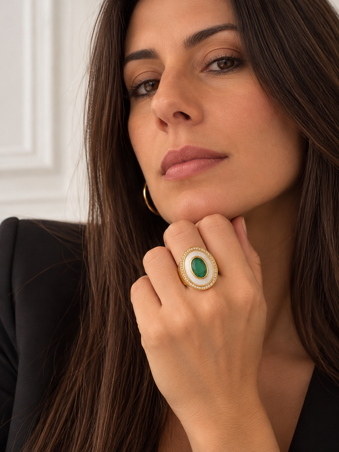 Mother-of-Pearl Green Crystal Statement Ring