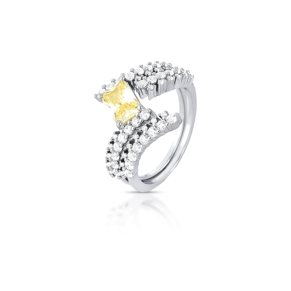Rhodium-plated open double ring featuring a rectangular yellow crystal and pavé zirconia