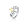 Rhodium-plated open double ring featuring a rectangular yellow crystal and pavé zirconia