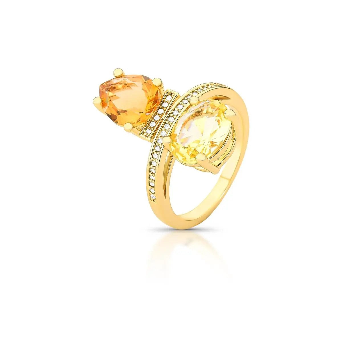 Gold ring Ring with Two Crystals and Zirconia