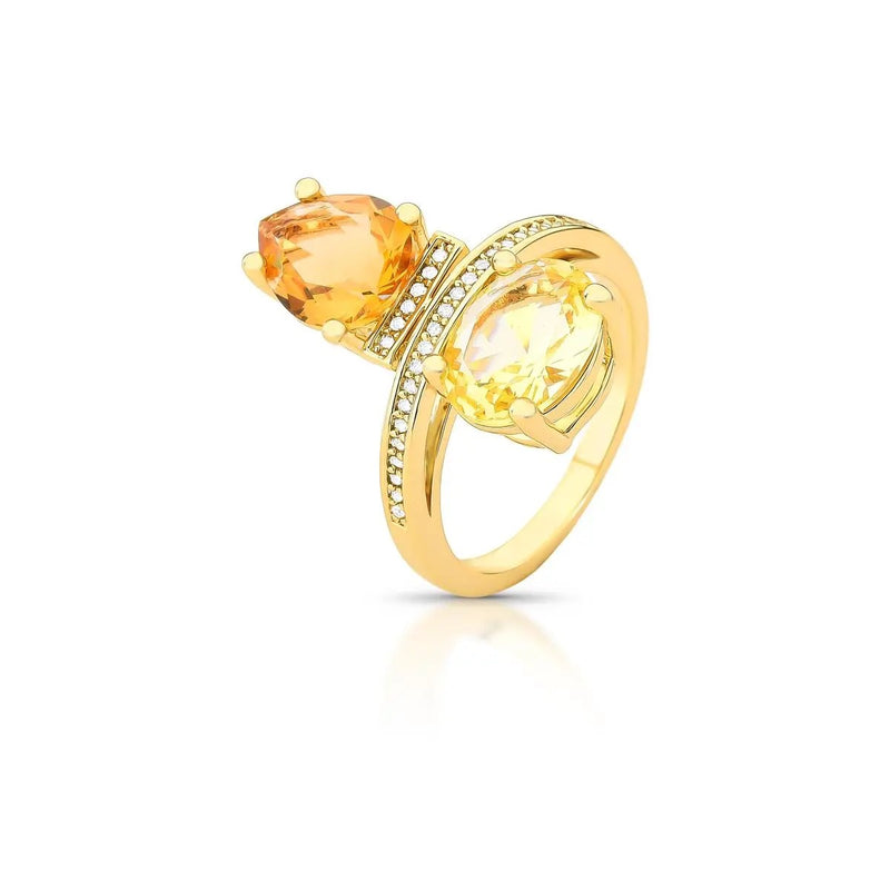Gold ring Ring with Two Crystals and Zirconia
