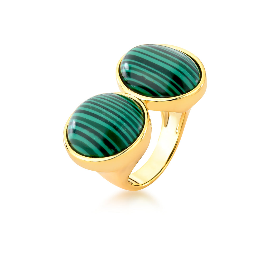 Ring with two rounded malachite stones