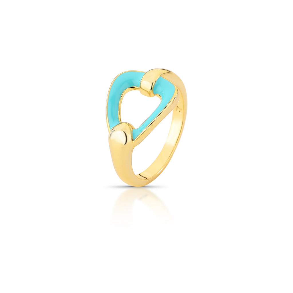 Gold ring with a turquoise heart-shaped design on a white background