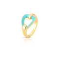 Gold ring with a turquoise heart-shaped design on a white background