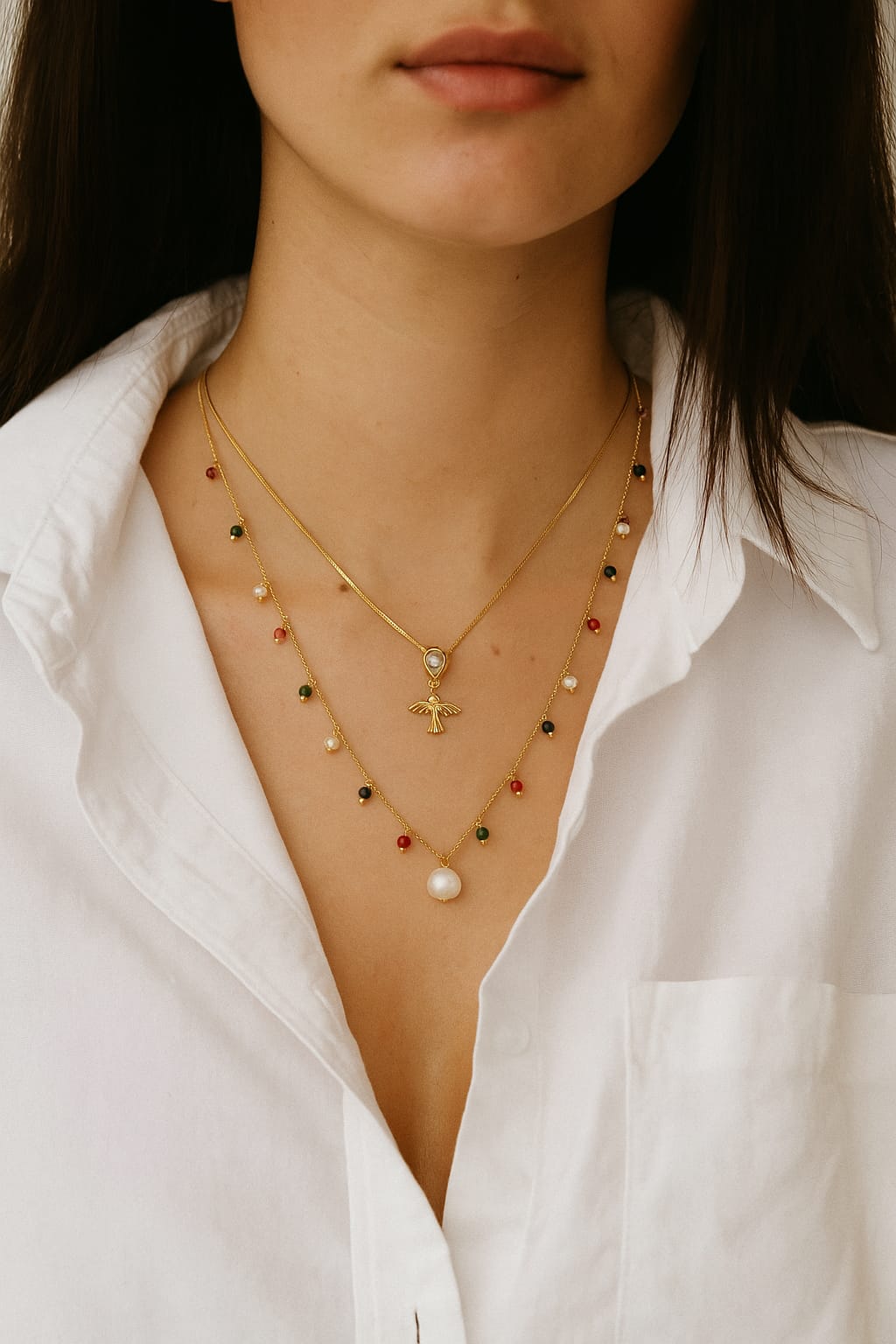 Necklace with baroque pearls and colorful crystals