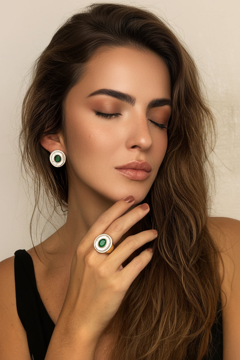 18K Gold-plated earrings featuring a green crystal and mother-of-pearl