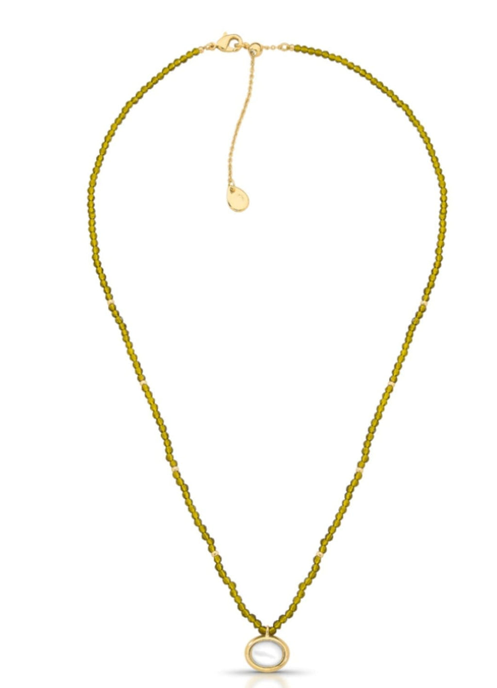 Gold necklace with a small round pendant on a white background