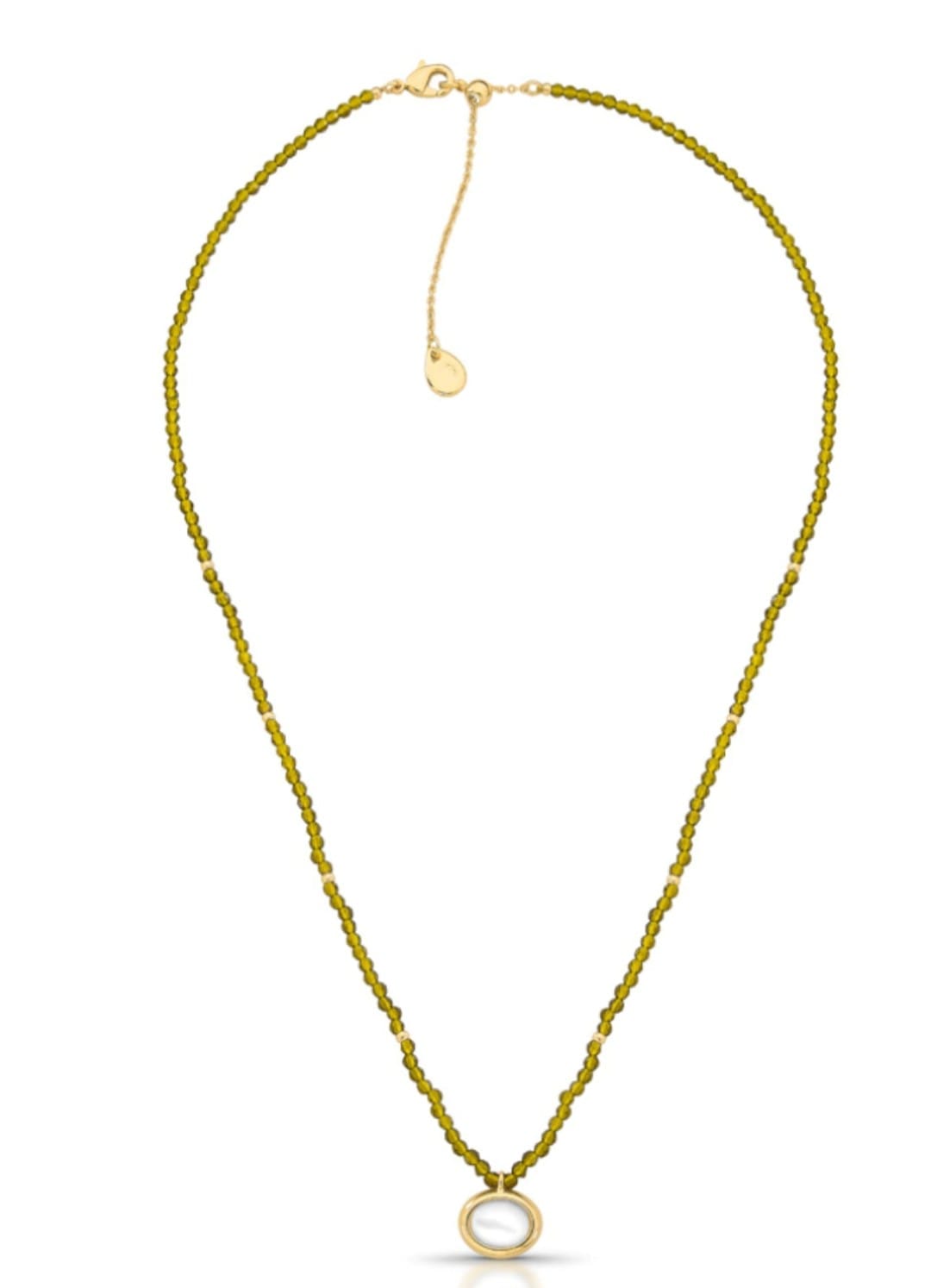 Gold necklace with a small round pendant on a white background
