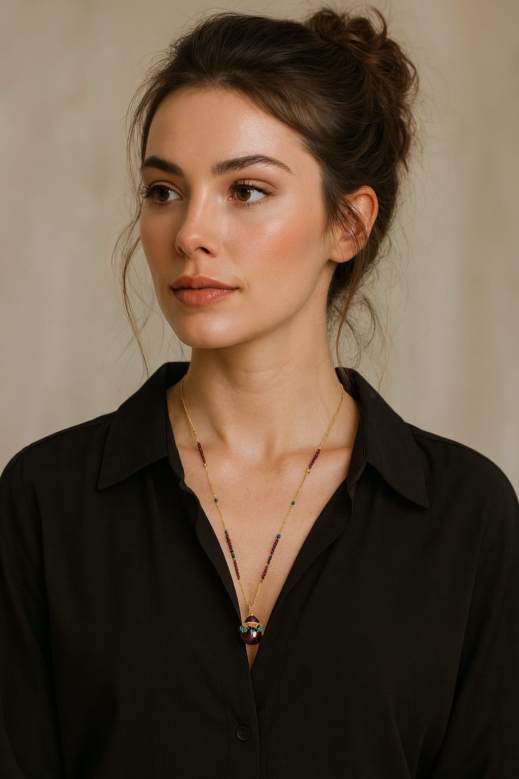 Long Necklace 18K Gold-Plated featuring a Ruby-Colored Crystal Sphere