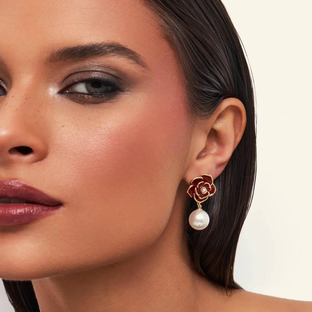 Enamel Flower Earrings with Pearl Shell Drop