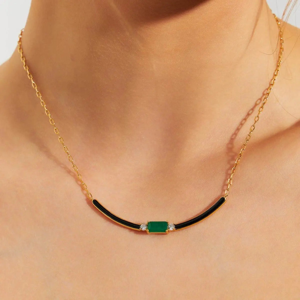 Gold-Plated Enamel Necklace with Green Crystal