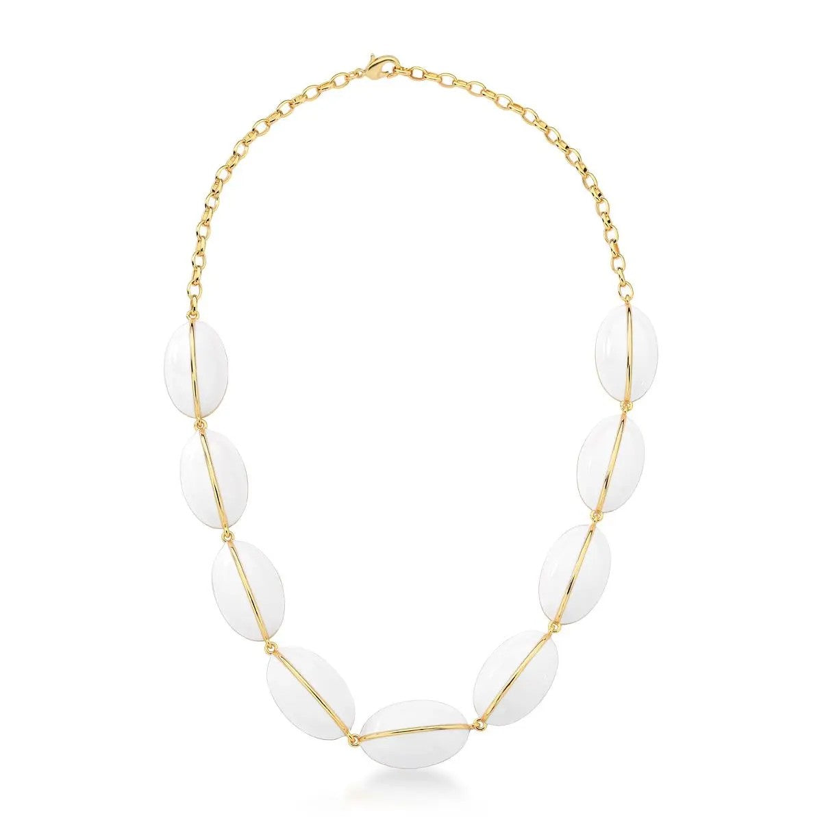 Necklace with white beads and gold chain on a white background
