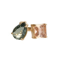 Ring with two crystals: a pink-yellow square and a green drop