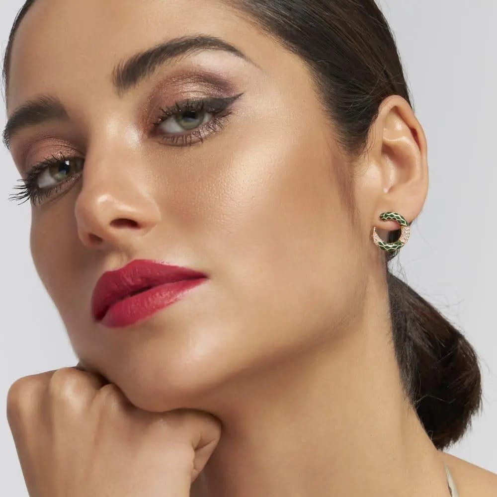 Green Enamel Curved Earrings with Zirconia – 18K Gold Plated